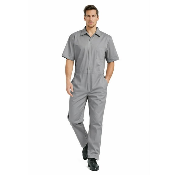 Toptie Men's Short-Sleeve Work Coverall Lightweight with Elastic Waist, Gray Coverall