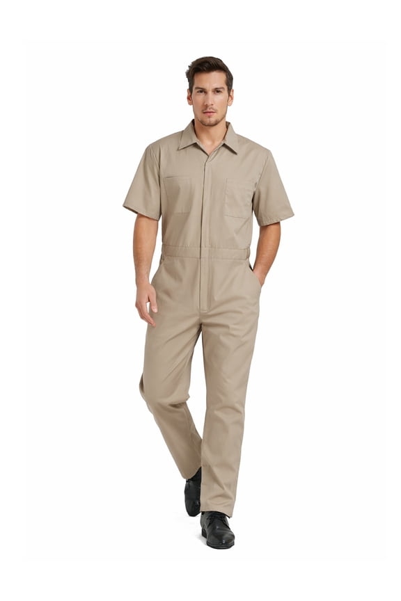 Men\'s Short-Sleeve Coverall Work Jumpsuit Lightweight with Zipper Front Elastic Waist, Khaki Coverall