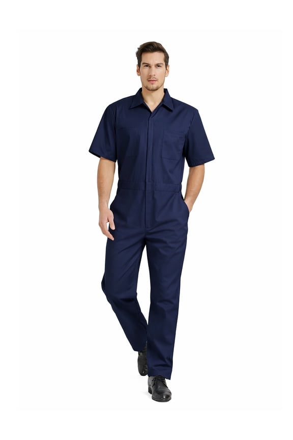 Men's Short-Sleeve Coverall Work Jumpsuit Lightweight with Zipper Front Elastic Waist, Navy Coverall