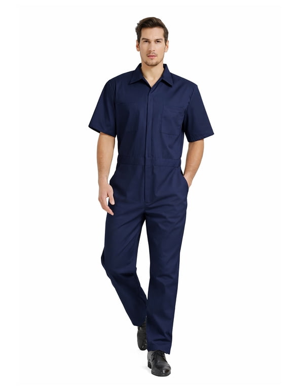 Men's Short-Sleeve Coverall Work Jumpsuit Lightweight with Zipper Front Elastic Waist, Navy Coverall