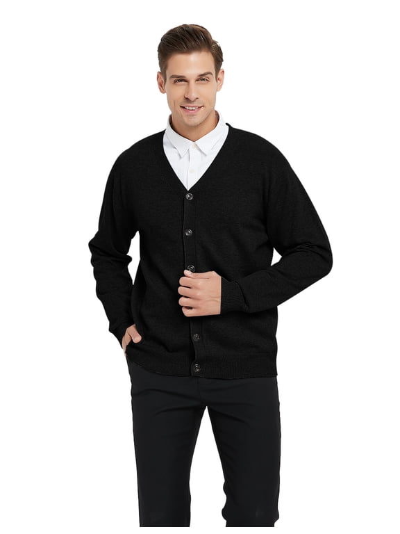 Men's Sweater Cardigan Long Sleeve Sweater Open Front Cardigan Sweater Casual Fit V-Neck Cotton-Black-L