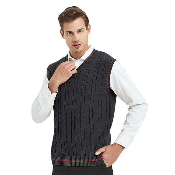 Toptie Men's V-Neck Cotton Twist Knit Sweater Vest Green and Red Trim Sleeveless Pullover