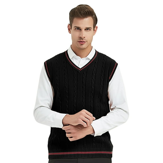 Toptie Men's V-Neck Cotton Twist Knit Sweater Vest Green and Red Trim Sleeveless Pullover