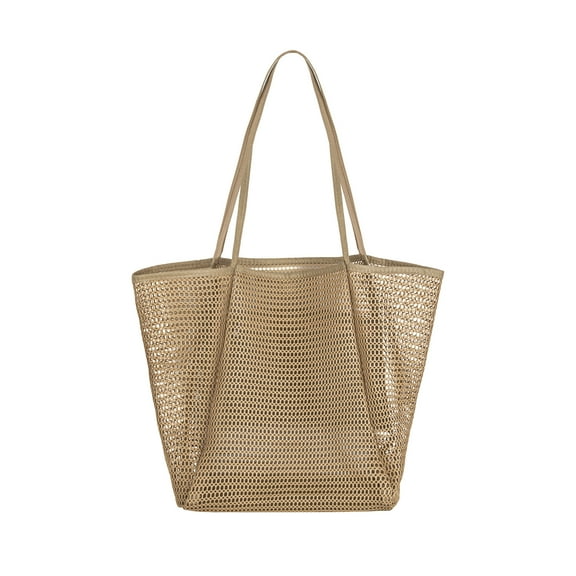 Toptie Mesh Beach Bag, Women Shoulder Handbag, Lightweight and Foldable Tote Bag with Zipper Pocket for Daily Occasions in Summer, Beach, Picnic-Khaki