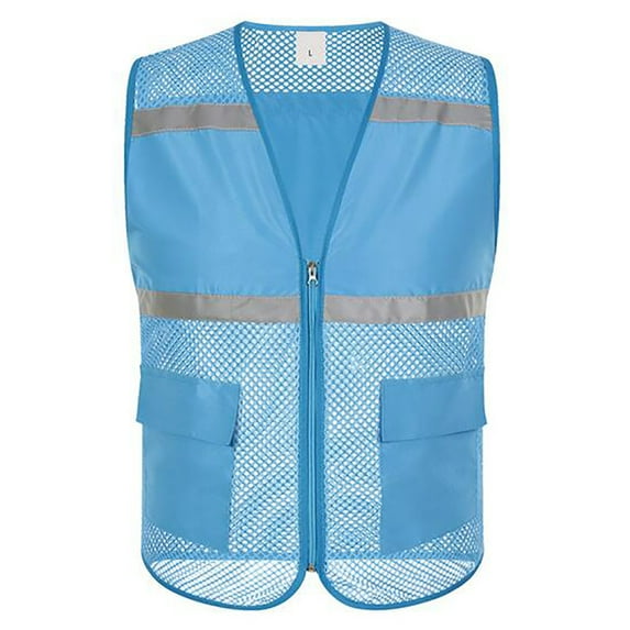 Toptie Mesh Safety Vest Zipper Team Volunteer Uniform Vest, Reflective Running Vest with Pockets, Slim Fit-Light Blue-M