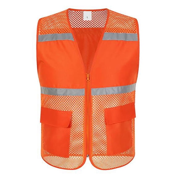 Toptie Mesh Safety Vest Zipper Team Volunteer Uniform Vest, Reflective Running Vest with Pockets, Slim Fit-Orange-3XL