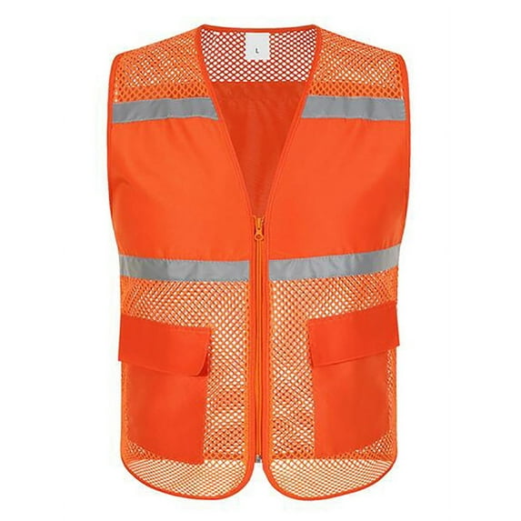 Toptie Mesh Safety Vest Zipper Team Volunteer Uniform Vest, Reflective Running Vest with Pockets, Slim Fit-Orange-L