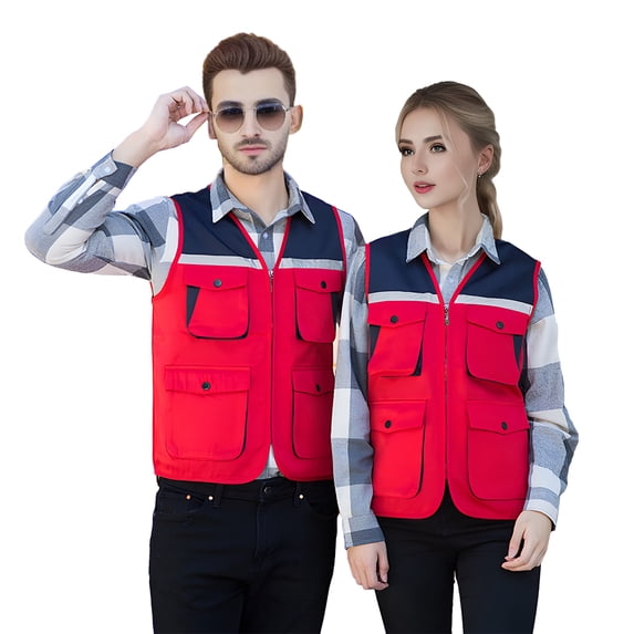 Toptie Multi-Pockets Work Fishing Vest, Reflective Work Sleeveless Safety Vest For Photography Hunting Travel-Red-S