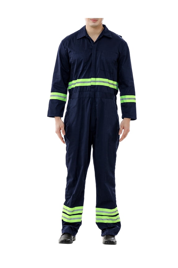 Men\'s Long Sleeve High Visibility Coverall with Green Reflective Tape Workwear Jumpsuit-Navy-XL Regular