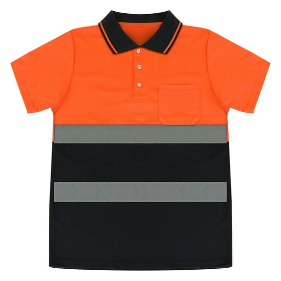 Toptie Safety Polo Shirt Reflective High Visibility Short Sleeve Pocket Tee-Orange/Navy-S
