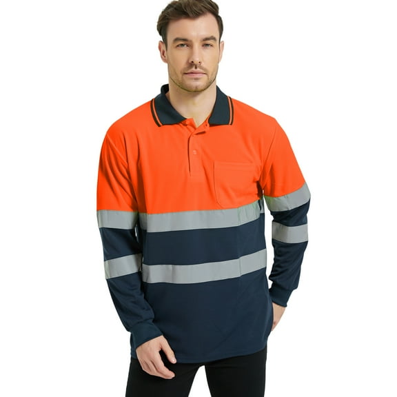 Toptie Safety Shirt Reflective High Visibility Long Sleeve Pocket Polo Tee-Orange Navy-XL