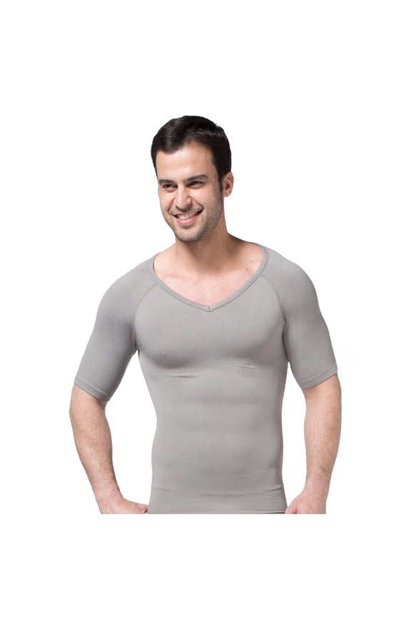 Seamless Compression V-neck Short Sleeve T-Shirt, Men's Shapewear Undershirt-Grey-XL
