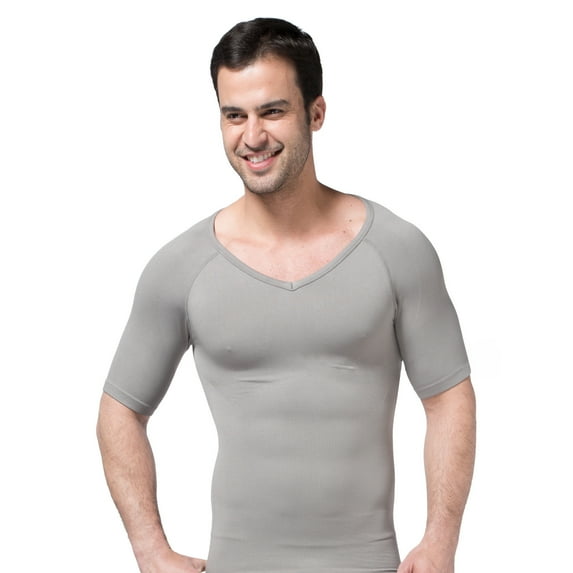 Toptie Seamless Compression V-neck Short Sleeve T-Shirt, Men's Shapewear Undershirt-Grey-XL