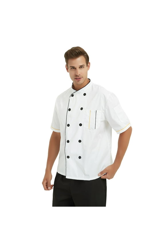 Short Sleeve Chef Jacket Kitchen Cook Coat Stripe Uniforms-White-L