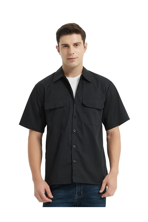 Short-Sleeve Work Shirt Straight Collar Utility Uniform Stain and Wrinkle Resistant-Black-M