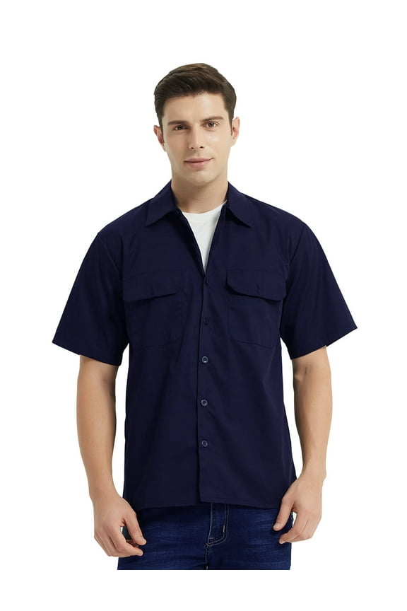 Short-Sleeve Work Shirt Straight Collar Utility Uniform Stain and Wrinkle Resistant-Navy-XL