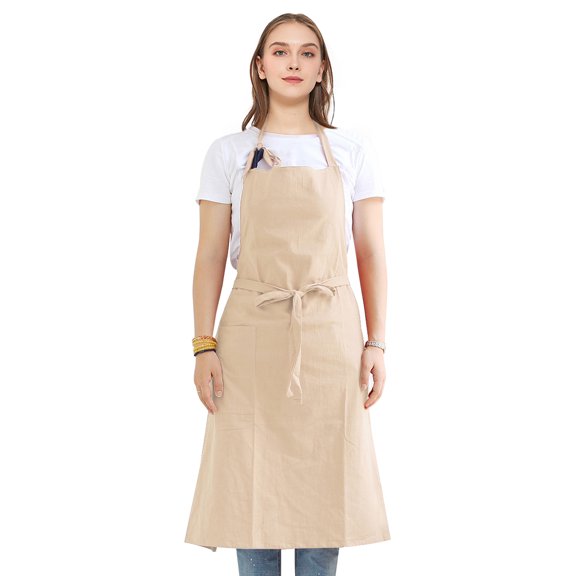 Toptie Soft Cotton Bib Apron Solid Color House Garden Long Unisex Adjustable Chef Kitchen Work Apron-Beige