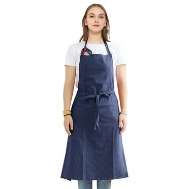 Toptie Soft Cotton Bib Apron Solid Color House Garden Long Unisex Adjustable Chef Kitchen Work Apron-Navy Blue