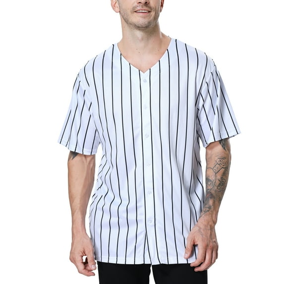 Toptie Sportswear Pinstripe Baseball Jersey for Men and Boy, Button Down Jersey-white black-YXL 18/20