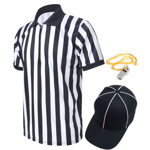 Toptie Sportwear Men's Pro-Style Referee Set, Umpire Shirt with 1/4 Zip-Up Quarter Zipper, Umpire Hat and Metal Ref Whistle with Lanyard-S