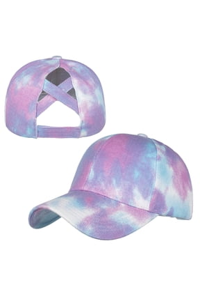 Tie Dye Ponytail Baseball Cap for Women Criss Cross Messy High Bun Dye Ponytail Hat-Purple
