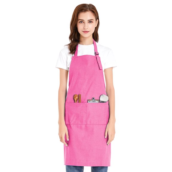 Toptie Unisex Bib Apron, Cotton Canvas Adjustable Chef Cooking Apron with Pockets-Hot Pink-XL
