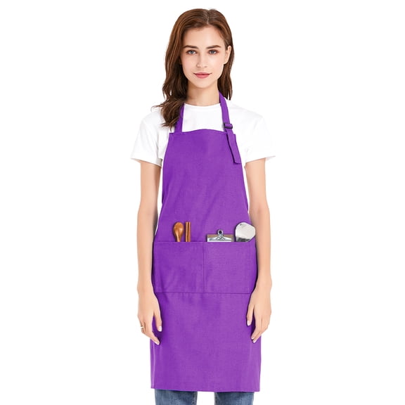 Toptie Unisex Bib Apron, Cotton Canvas Adjustable Chef Cooking Apron with Pockets-Purple-L