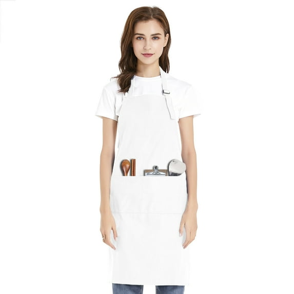 Toptie Unisex Bib Apron, Cotton Canvas Adjustable Chef Cooking Apron with Pockets-White-XL