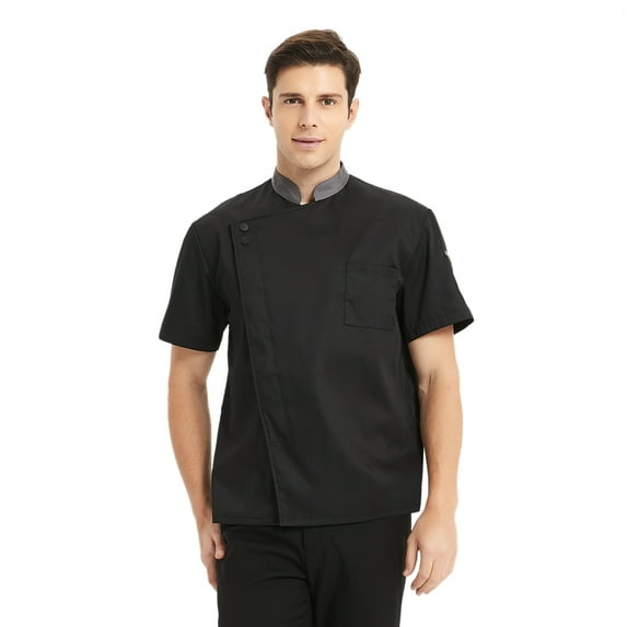Toptie Unisex Black Short Sleeve Chef Coat Jacket with Gray Collar