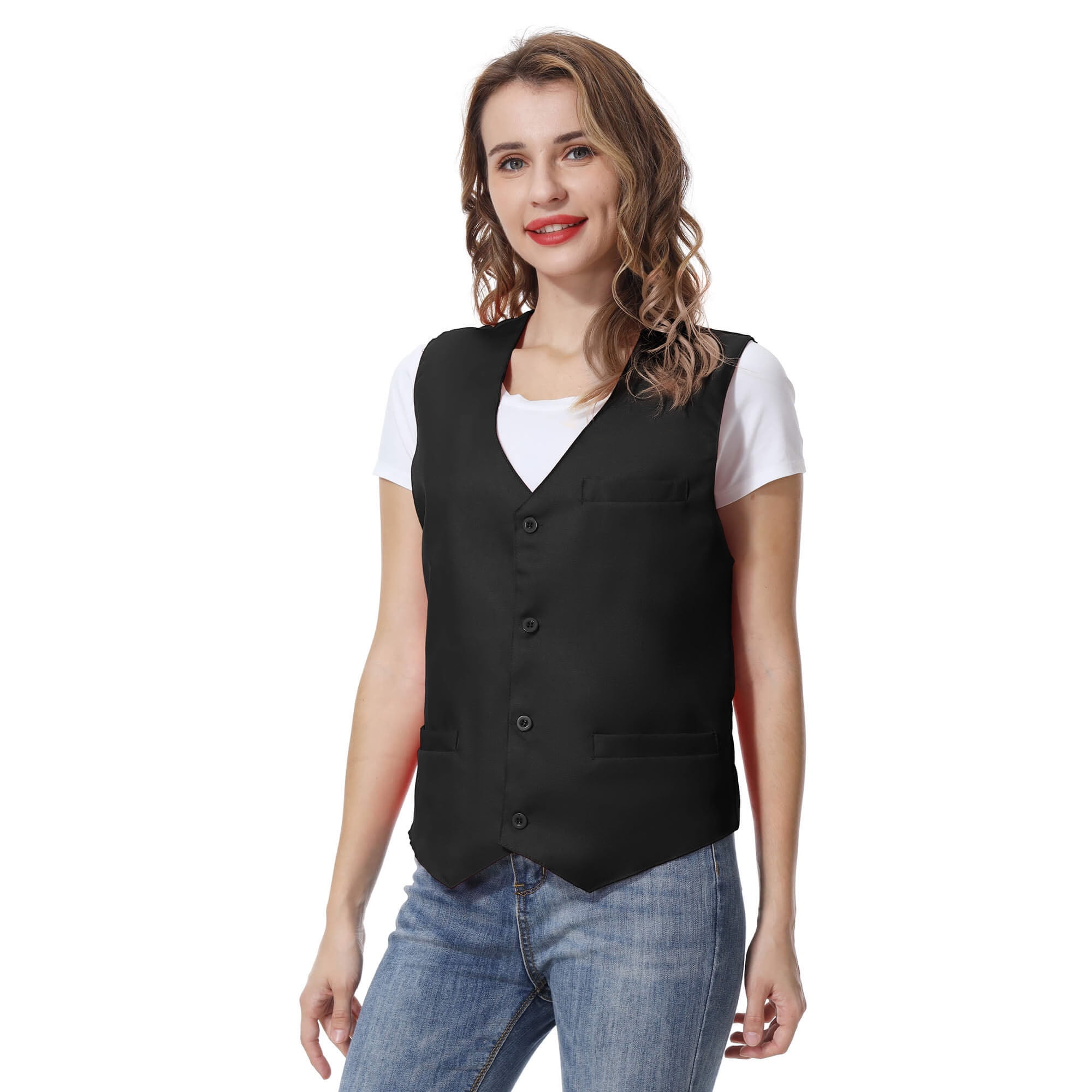 Toptie Unisex Button Vest Lightweight Vest Work Wear Uniform Vest-Black ...