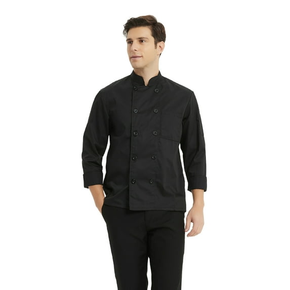 Toptie Unisex Classic Long Sleeve Button Chef Coat-Black-M