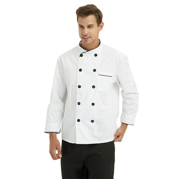 Toptie Unisex Classic Long Sleeve Button Chef Coat-White with Black-3XL