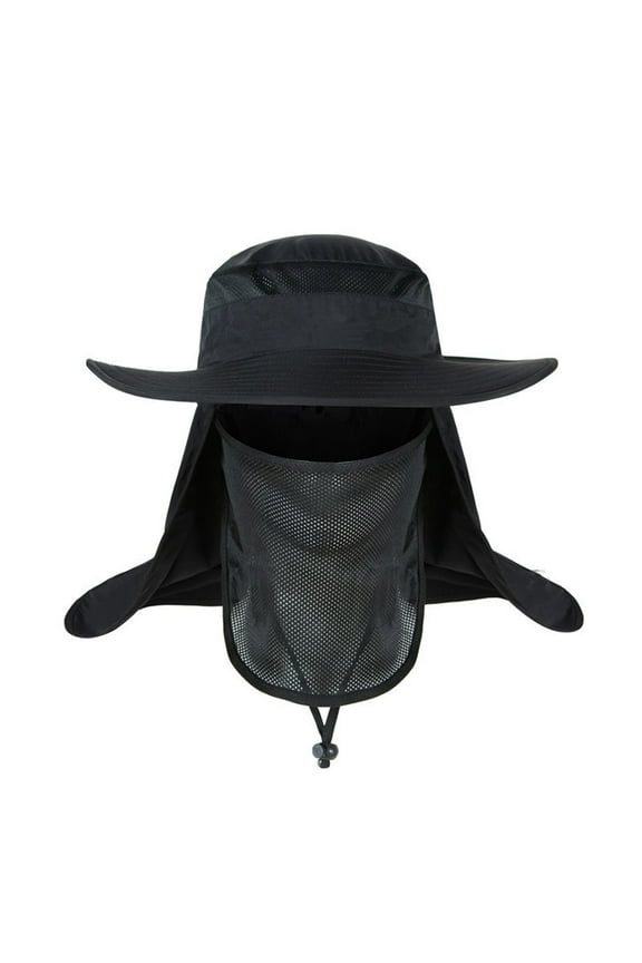 Unisex Summer Outdoor Wide Brim Mesh Bucket Sun Hat Adjustable Neck&Face Flap Cap Fishing Boonie Hat w/ Face Cover-Black