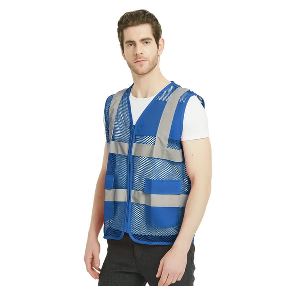 Toptie Unisex US Big Mesh Volunteer Vest Zipper Front Safety Vest with Reflective Strips and Pockets-Blue-US M
