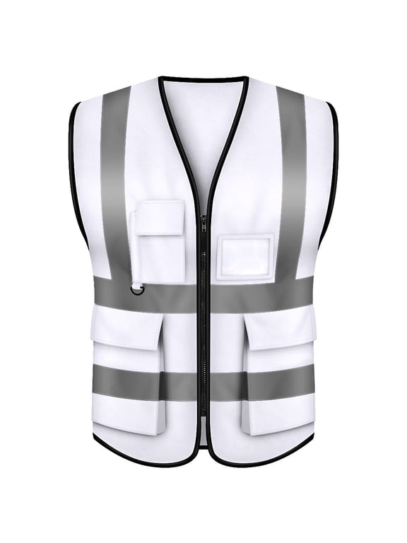 White Safety Vest, Incident Command Vest with 5 Pockets and High Visibility 2" Reflective Strips-White-L