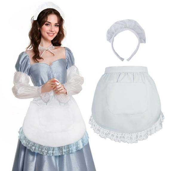 Toptie White Waist Apron with Headband, Christmas Cotton Maid Half Aprons, Dress Up Cosplay Costume
