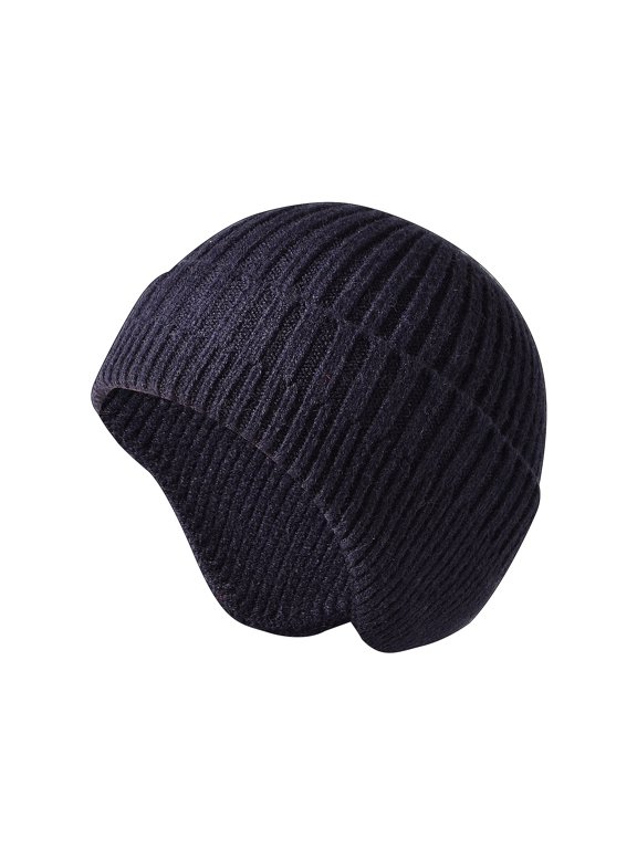 Winter Warm Ski Knit Beanie with Ear Covers for Men Women Soft Thick Cuffed Beanie-Navy