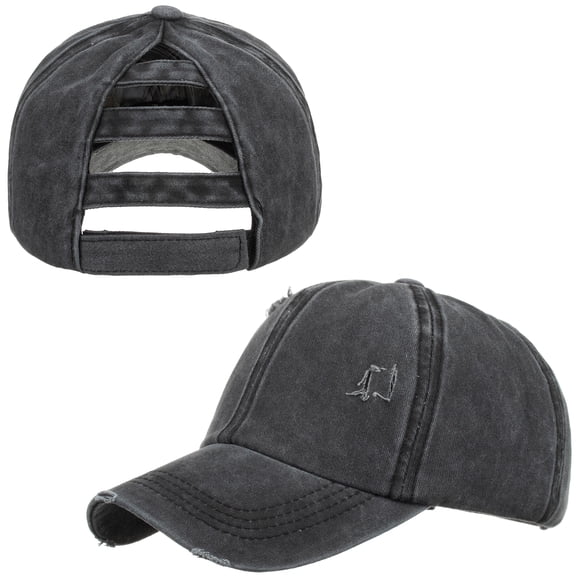 TOPTIE Women 3-Stripe Ponytail Baseball Cap Distressed Washed Messy High Bun Ponytail Hat-Black