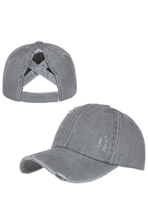 Women 3-Stripe Ponytail Baseball Cap Distressed Washed Messy High Bun Ponytail Hat-Black