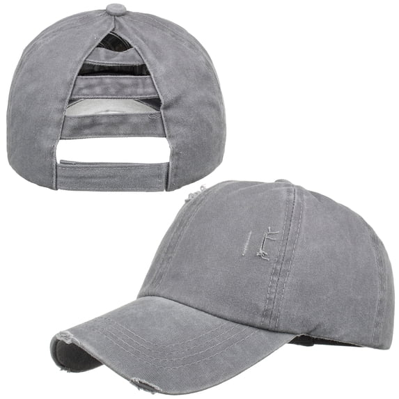 Toptie Women 3-Stripe Ponytail Baseball Cap Distressed Washed Messy High Bun Ponytail Hat-Grey