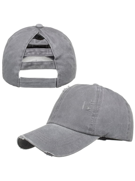 Women 3-Stripe Ponytail Baseball Cap Distressed Washed Messy High Bun Ponytail Hat-Grey