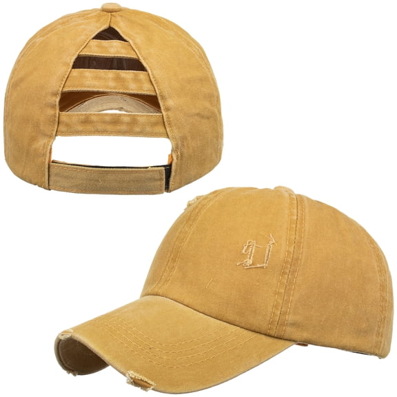 Toptie Women 3-Stripe Ponytail Baseball Cap Distressed Washed Messy High Bun Ponytail Hat-Yellow