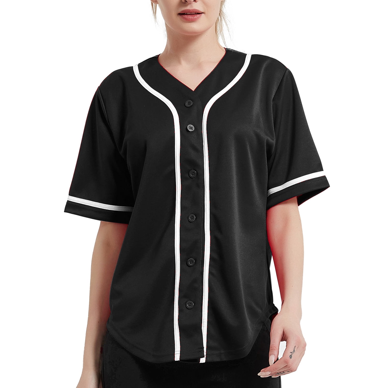 TOPTIE Women's Baseball Jersey Hip Hop Hipster Button Down Baseball T-Shirt-Black White-S