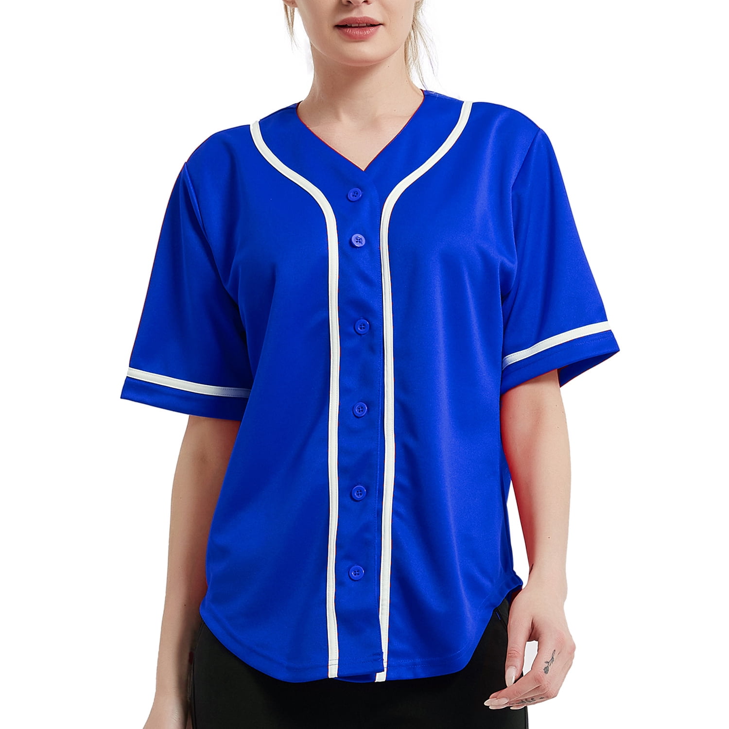 TOPTIE Women's Baseball Jersey Hip Hop Hipster Button Down Baseball T-Shirt-Blue White-M