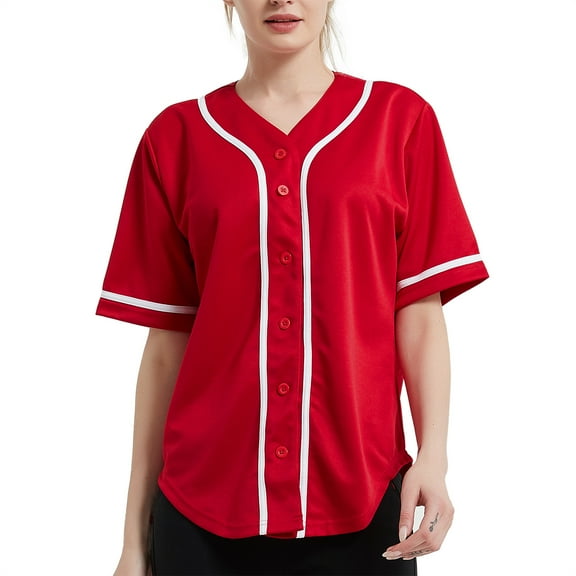 TOPTIE Women's Baseball Jersey Hip Hop Hipster Button Down Baseball T-Shirt-Red White-2XL