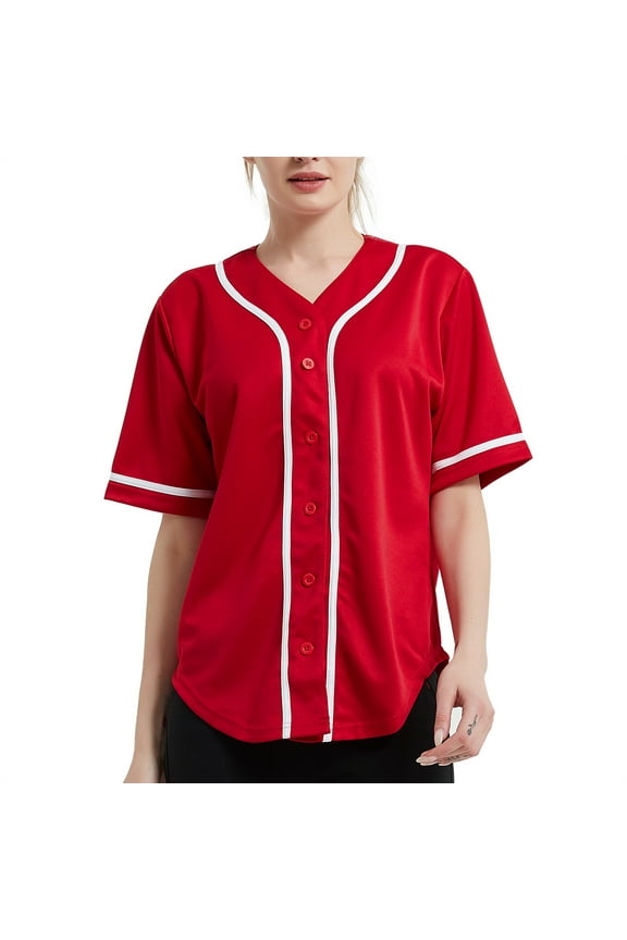 Women's Baseball Jersey Hip Hop Hipster Button Down Baseball T-Shirt-Red White-2XL