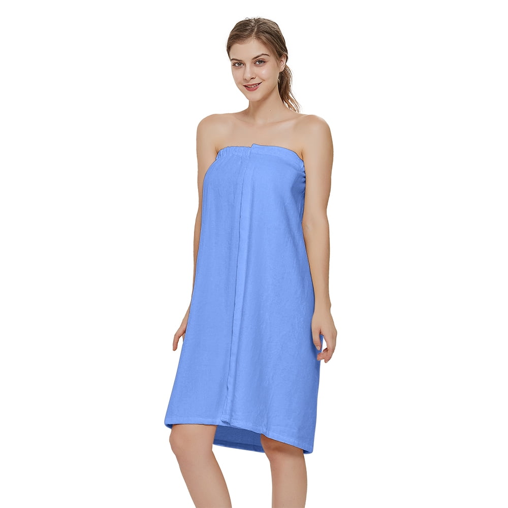 Toptie Women's Cotton Terry Spa Shower Bath Towel Wrap-Blue-S/M