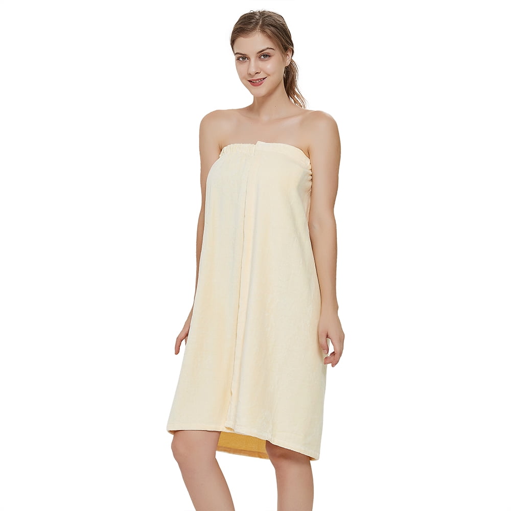 Toptie Women's Cotton Terry Spa Shower Bath Towel Wrap-Light Yellow-S/M