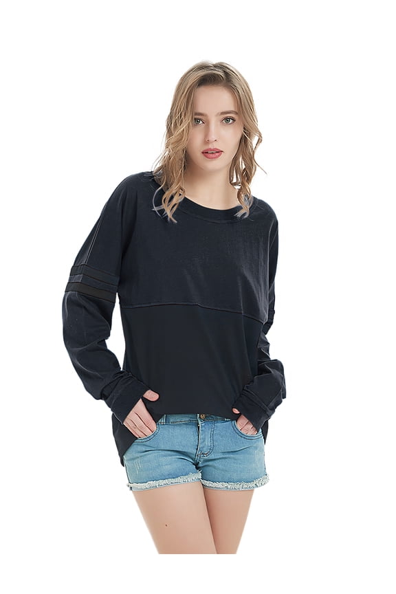 Women's Crewneck Pom Pom Pullover Jersey Youth Long Sleeve Baseball Tee Shirt Blank-Black-XS
