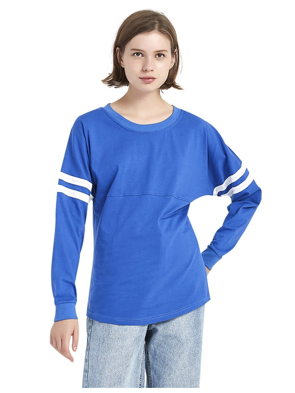 Women's Crewneck Pom Pom Pullover Jersey Youth Long Sleeve Baseball Tee Shirt Blank-Blue White-S